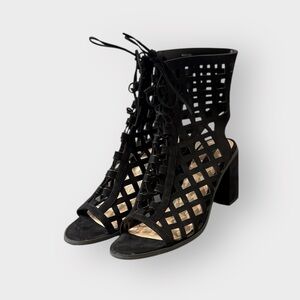 Forever 21 Black Lace-Up Block Heel Sandals - Boho Chic, Mid Heel Comfortable